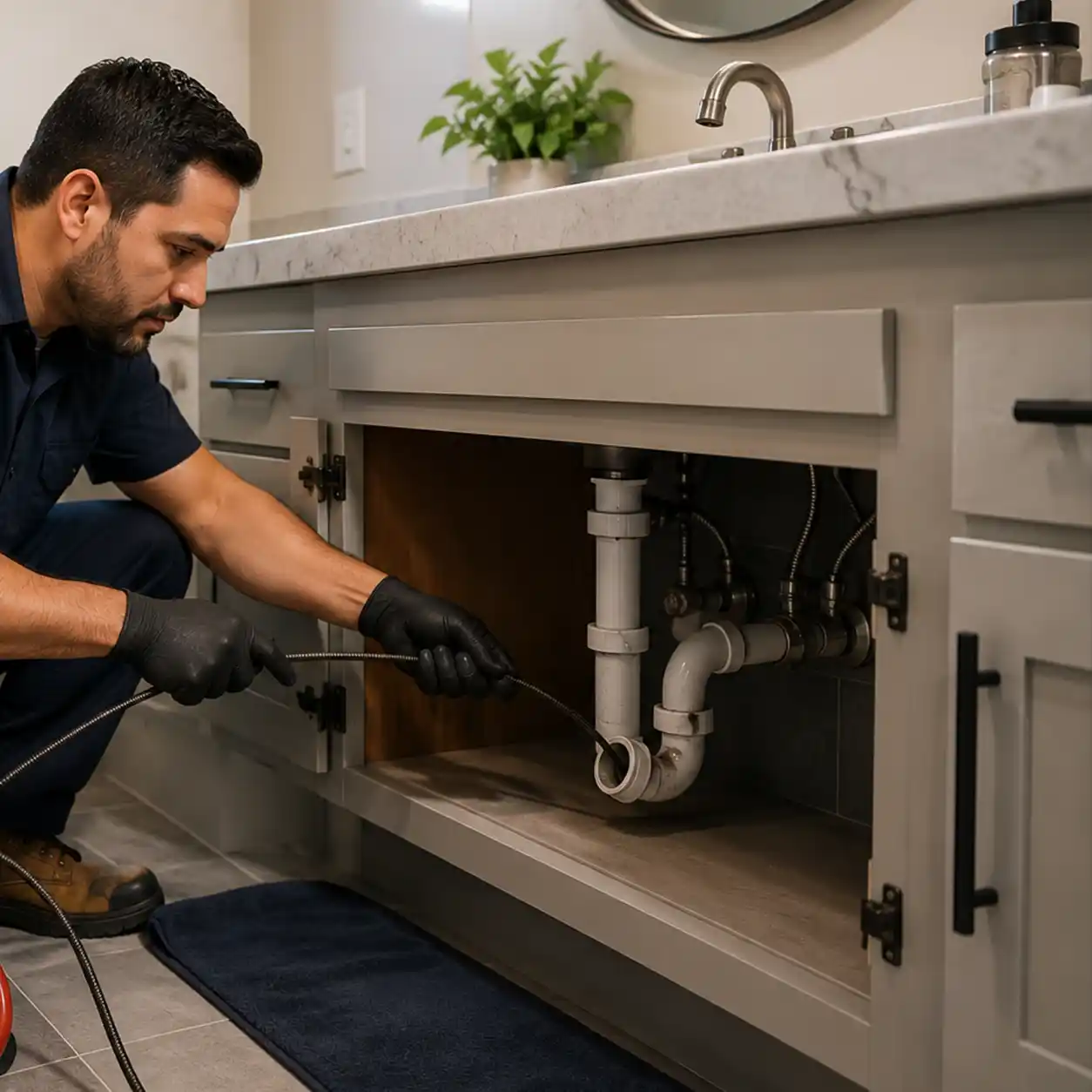 Technician performing professional drain cleaning in Plano TX