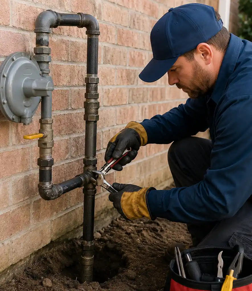 Emergency gas line repair technician inspecting residential gas pipes