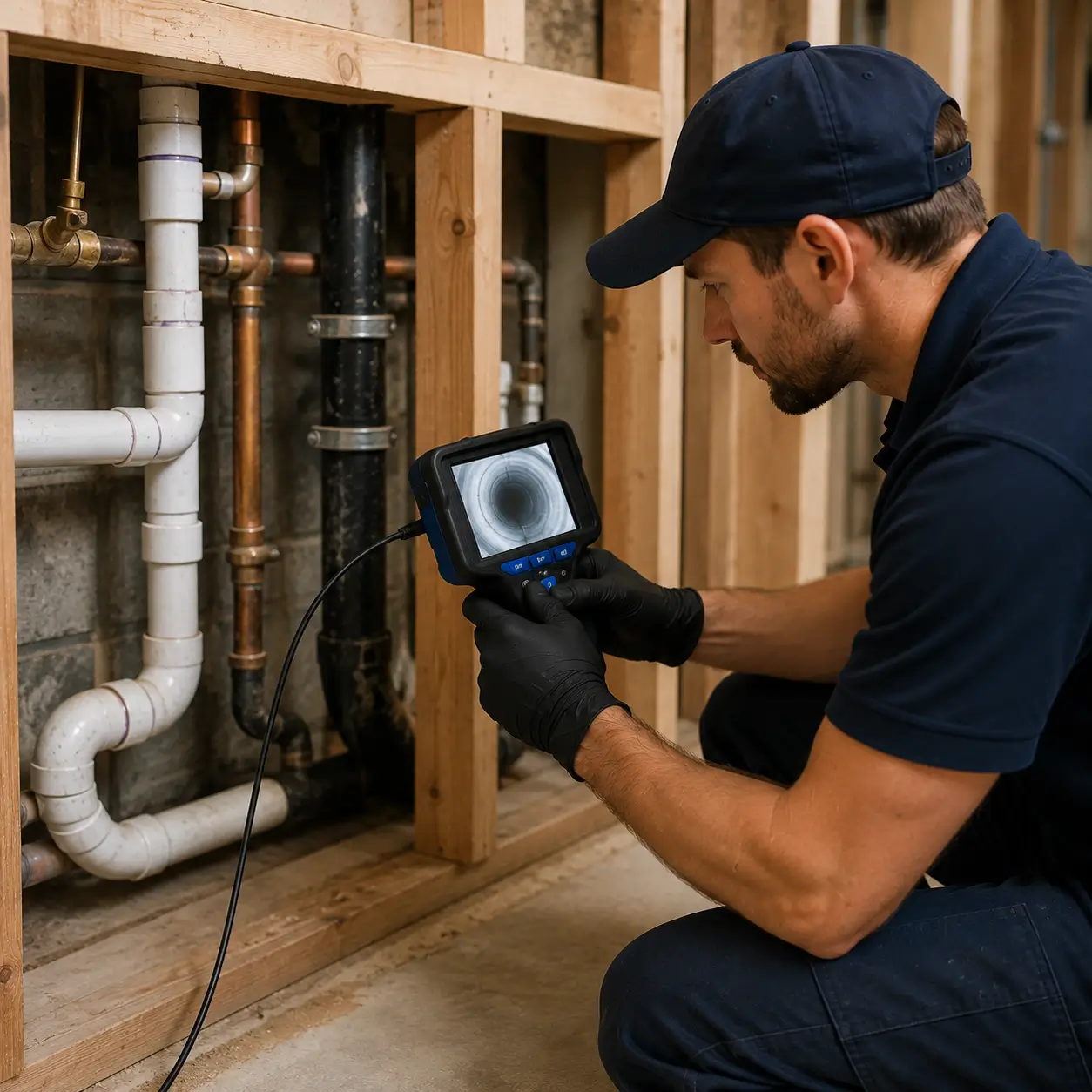 Plumber inspecting exposed plumbing pipes with diagnostic camera