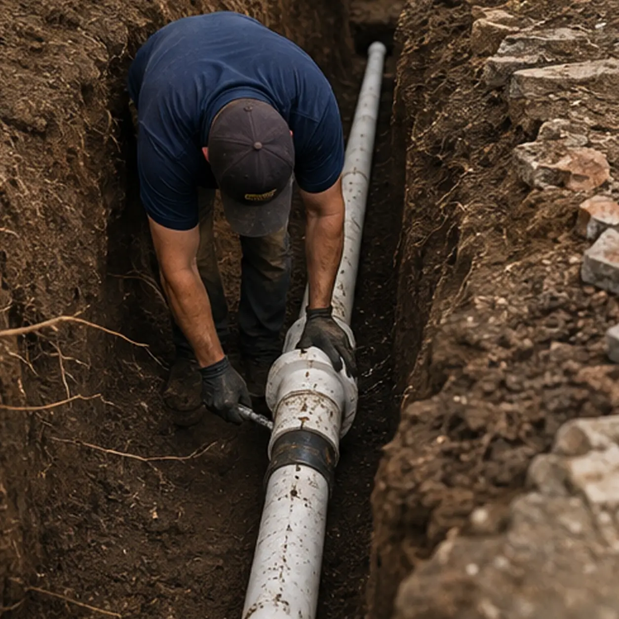 Plumber repairing sewer line in Plano Texas